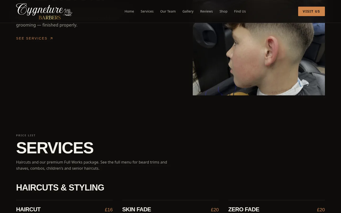 Close-up of the Cygneture Barbers website services and price list section
